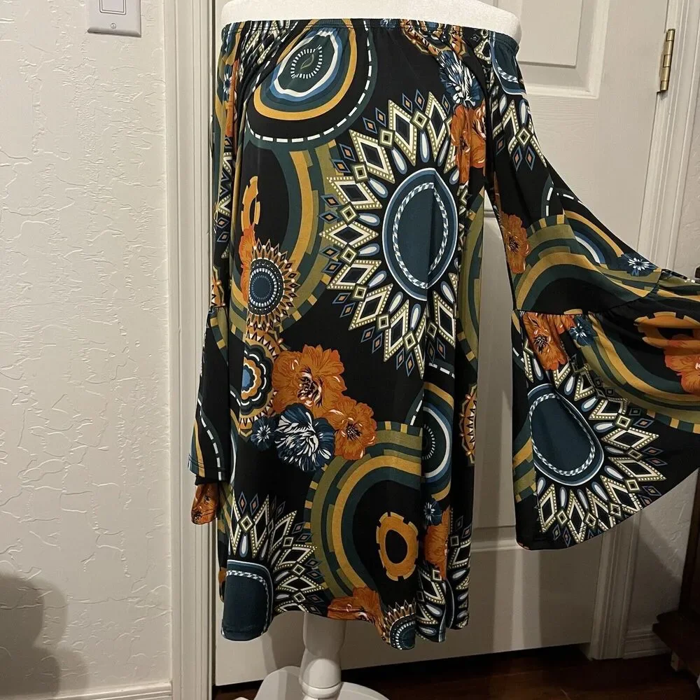 Womens Sz S Floral Off Shoulder Tunic Top / Dress Bell Sleeves Stretch Halloween - Picture 2 of 10